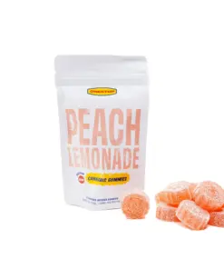 One Stop Peach Lemonade THC gummies, 10 gummies with 50mg THC each, flavorful cannabis edible with smooth, long-lasting effects
