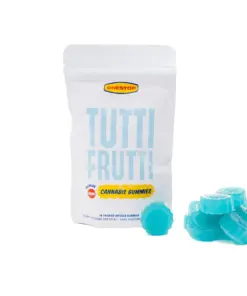 One Stop Tutti Fruitti 1:1 CBD and THC gummies, balanced cannabis edible with 25mg CBD and 25mg THC per gummy