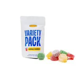 One Stop THC Gummies Variety Pack with 10 gummies, each containing 50mg THC, assorted cannabis edible flavors for sampling and sharing