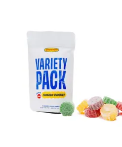 One Stop THC Gummies Variety Pack with 10 gummies, each containing 50mg THC, assorted cannabis edible flavors for sampling and sharing