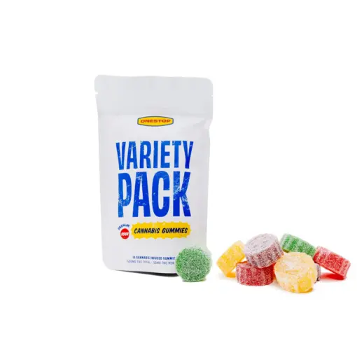 One Stop THC Gummies Variety Pack with 10 gummies, each containing 50mg THC, assorted cannabis edible flavors for sampling and sharing