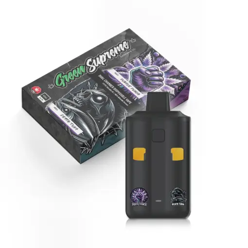 Experience the sweet, calming Purple Punch and the heavy-hitting Death Tuna in one dual chamber device. The Green Supreme 6g Vape Pen combines premium BC extracts, reliable performance, and pure flavour for a balanced, potent experience.