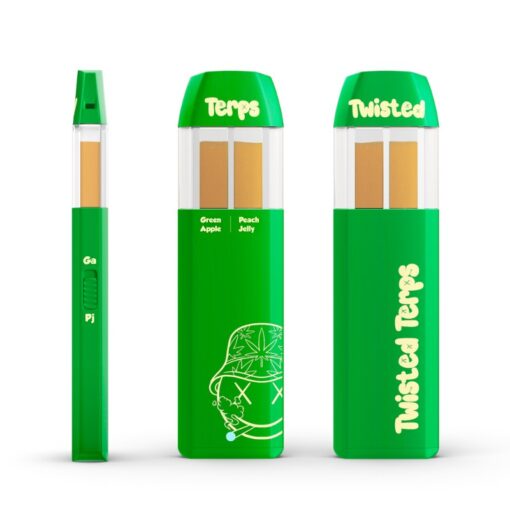 Switch up your session with the Twisted Terps Dual Chamber Vape – Green Apple x Peach Jelly. Two 1ml chambers, two bold flavors, endless smooth hits.