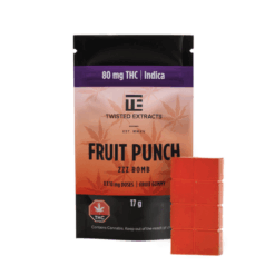 Twisted Extracts Jelly Bombs are a fan favorite across Canada for their delicious taste and consistent effects. This Fruit Punch Indica edition packs 80mg of THC per package, designed for relaxation, pain relief, and restful sleep.
