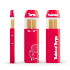 Satisfy your sweet side with the Twisted Terps Dual Chamber Vape – Strawberry x Birthday Cake. Two flavors, one sleek pen, endless smooth hits.
