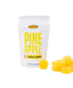 Tropical Pineapple OneStop Gummies with 500mg THC per bag. Each pack contains 10 gummies at 50mg each, offering a sweet, juicy flavor and a reliable high.