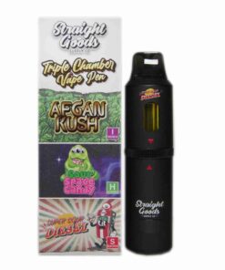 The Straight Goods 9g Triple Chamber Vape delivers three premium strains in one device: Afghan Kush, Sour Space Candy, and Super Sour Diesel. A powerful, convenient 3-in-1 cart with 3g per chamber.