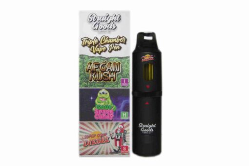 The Straight Goods 9g Triple Chamber Vape delivers three premium strains in one device: Afghan Kush, Sour Space Candy, and Super Sour Diesel. A powerful, convenient 3-in-1 cart with 3g per chamber.