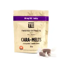 Smooth and creamy Indica Cara-Melts with 80mg THC per bag. Each pack includes 8 soft caramels at 10mg each, perfect for a relaxing, mellow high.