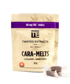 Smooth and creamy Indica Cara-Melts with 80mg THC per bag. Each pack includes 8 soft caramels at 10mg each, perfect for a relaxing, mellow high.