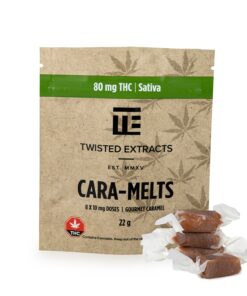 Buttery-smooth Sativa Cara-Melts with 80mg THC per bag. Each pack includes 8 soft caramels at 10mg each, offering an uplifting, daytime-friendly high.
