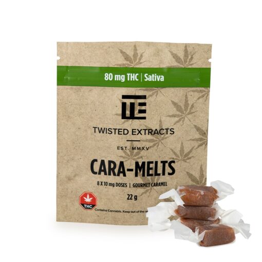 Buttery-smooth Sativa Cara-Melts with 80mg THC per bag. Each pack includes 8 soft caramels at 10mg each, offering an uplifting, daytime-friendly high.