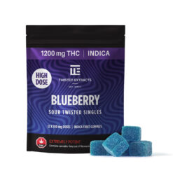 Twisted Extracts - Blueberry Blast delivers a mouth-watering burst of sour blueberry flavor wrapped around a heavy-hitting 1200mg of full-spectrum indica THC - meticulously divided into 12 x 100mg gummies for accurate, controlled dosing.