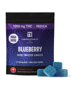 Twisted Extracts - Blueberry Blast delivers a mouth-watering burst of sour blueberry flavor wrapped around a heavy-hitting 1200mg of full-spectrum indica THC - meticulously divided into 12 x 100mg gummies for accurate, controlled dosing.