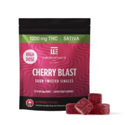 Experience the cherry-charged power of Twisted Extracts' Cherry Blast - a high-octane, full-spectrum sativa gummy designed for seasoned explorers of the elevated mind. With a staggering 1200mg THC per pack (that’s 12 x 100mg fully infused sour gummies), this isn’t just a treat - it’s a trip.