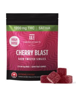 Experience the cherry-charged power of Twisted Extracts' Cherry Blast - a high-octane, full-spectrum sativa gummy designed for seasoned explorers of the elevated mind. With a staggering 1200mg THC per pack (that’s 12 x 100mg fully infused sour gummies), this isn’t just a treat - it’s a trip.