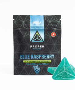 Experience bold flavor and powerful full-spectrum effects with Proper Extracts Blue Raspberry Indica Gummies. Each pack contains 3 live resin-infused gummies at 360mg THC each, crafted with natural fruit flavors and divided into sections for easy dosing. Rich in cannabinoids and terpenes, these gummies deliver a potent, tailored cannabis experience with the tangy sweetness of blue raspberry leading the way.
