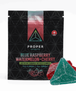 Explore all three flavors in one with Proper Extracts Indica Pack Gummies. Each pack includes 3 gummies at 360mg THC each, infused with live resin and natural fruit flavors-Blue Raspberry, Cherry, and Watermelon.