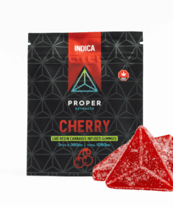 Savor the sweet, juicy taste of Proper Extracts Cherry Indica Gummies-a potent, full-spectrum edible made with premium live resin. Each pack contains 3 gummies at 360mg THC each, divided into sections for easy dosing.