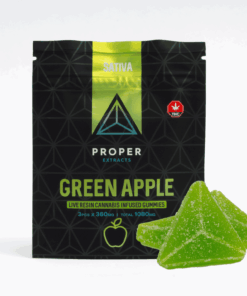 Proper Extracts Green Apple Sativa Gummies deliver a bold, fruity kick with uplifting sativa energy. Each pack contains 3 x 360mg gummies (1080mg total) infused with live resin for full-spectrum effects.
