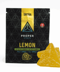 Proper Extracts Lemon Sativa Gummies deliver uplifting energy with a refreshing citrus twist. Each pack contains 3 gummies at 360mg each, totaling 1080mg THC, infused with premium live resin for full-spectrum benefits.