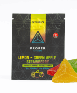 Proper Extracts Sativa Pack Gummies deliver a trio of bold fruit flavors - Green Apple, Lemon, and Strawberry - infused with 1080mg of THC per pack. Crafted with premium live resin for full-spectrum benefits, each 360mg gummy is easily divisible for flexible dosing.