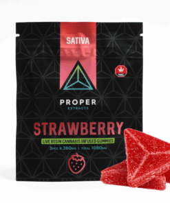 Proper Extracts Strawberry Sativa Gummies deliver a juicy burst of sweetness paired with uplifting sativa effects. Each pack contains 3 gummies at 360mg each, totaling 1080mg THC, crafted with premium live resin for full-spectrum benefits.