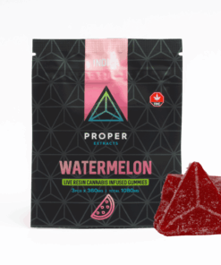 Cool off with the refreshing sweetness of Proper Extracts Watermelon Indica Gummies-a potent edible infused with live resin and natural fruit flavor. Each pack contains 3 gummies at 360mg THC each, crafted for powerful, full-spectrum effects.